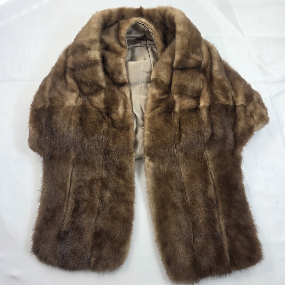 Vintage Fur Shawl Womens One Size Brown Wrap Lined Embroidered Neck Warmer Stole